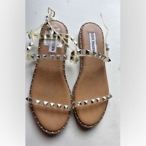 Steve Madden Tan Faux-Leather Studded Ankle-Strap Sandals